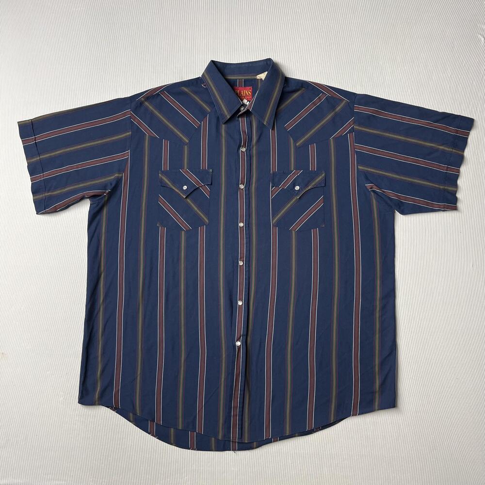 Plains Western Wear Shirt Mens XL Blue Stripe Short Sleeve Western Snap Pockets
